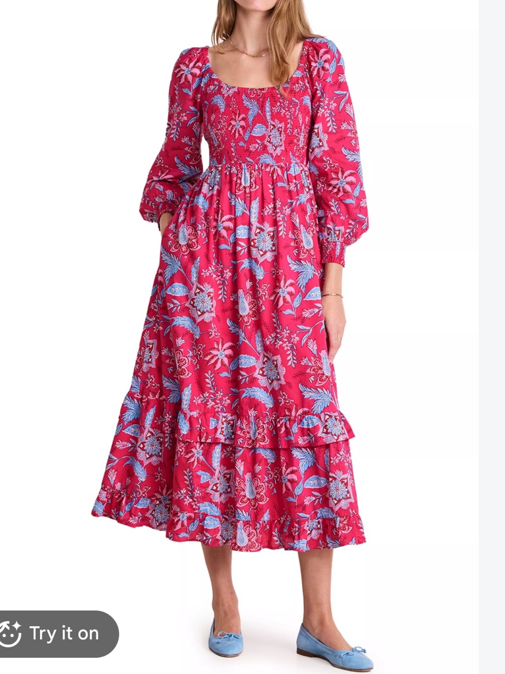 VINEYARD VINES WOMENS ELLEN SMOCKED PINK BLUE MAXI DRESS LONG SLEEVE SMALL